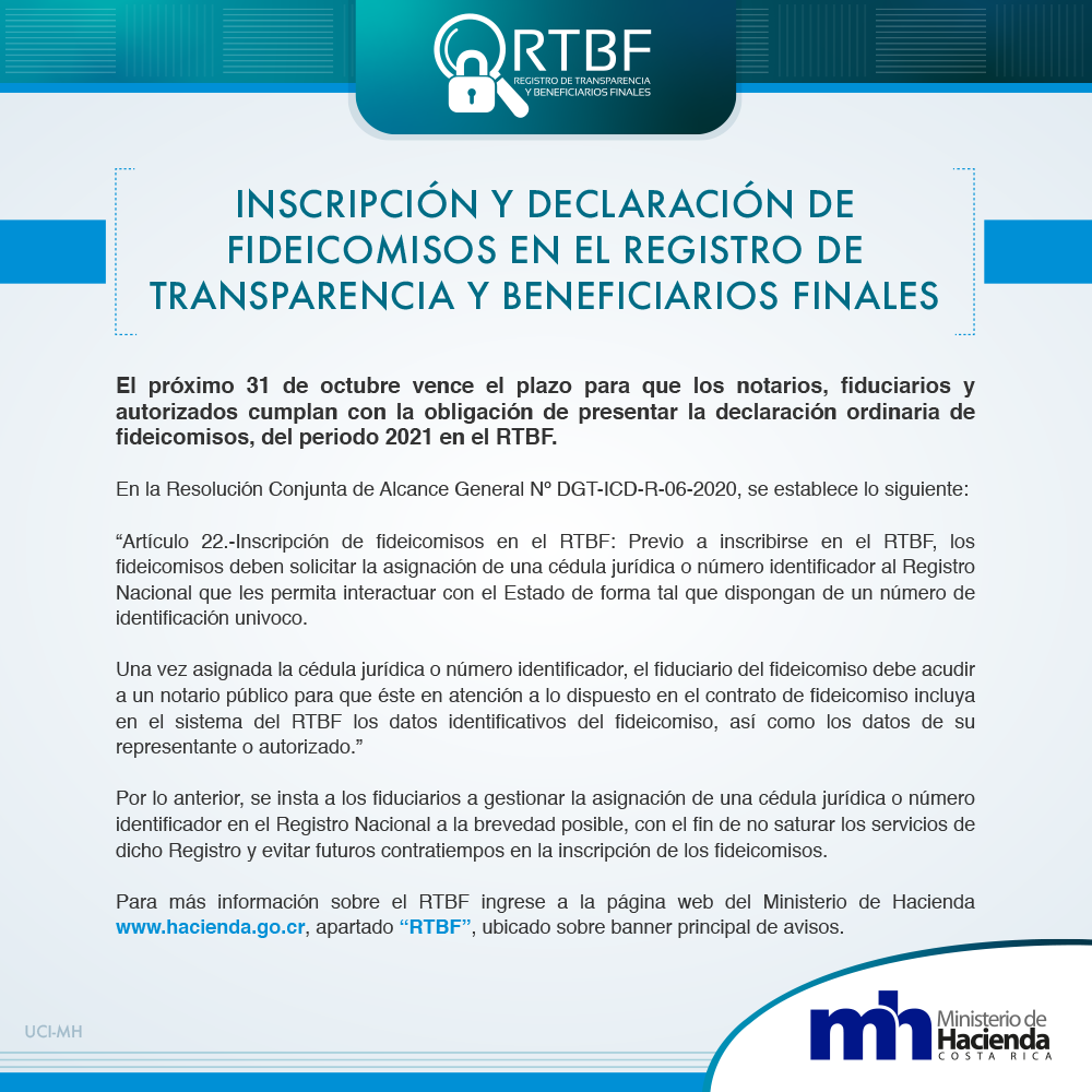 Aviso - Inscripción y declaración de fideicomisos en el RTBF