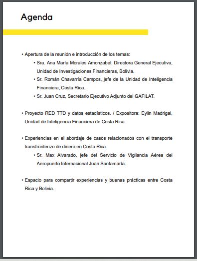 Agenda - Reunión Bilateral entre la Unidades de Inteligencia Financiera de Costa Rica y Bolivia y la Secretaría Ejecutivas del GAFILAT