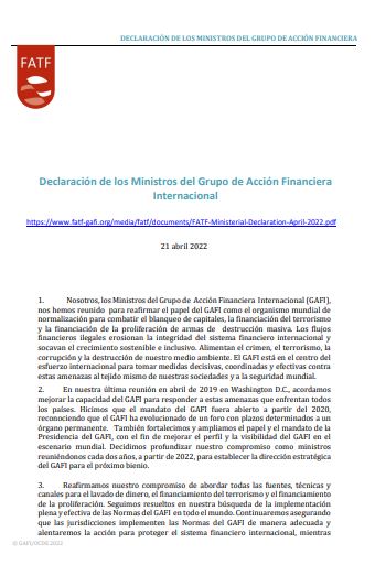 Declaración de los Ministros del Grupo de Acción Financiera Internacional