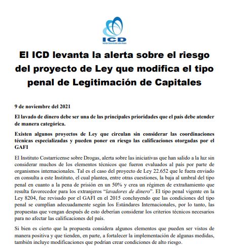 Aviso: El ICD levanta la alerta sobre el riesgo del proyecto de Ley que modifica el tipo penal de Legitimación de Capitales. Noviembre 2021