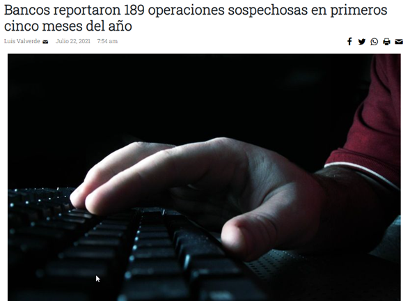 Recorte de noticia crhoy: Bancos reportan 189 operaciones sospechosas en primeros cinco meses del año.