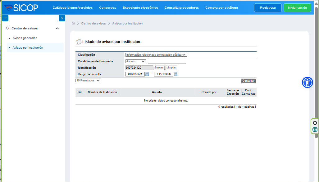 pantalla busqueda Avisos en Sicop