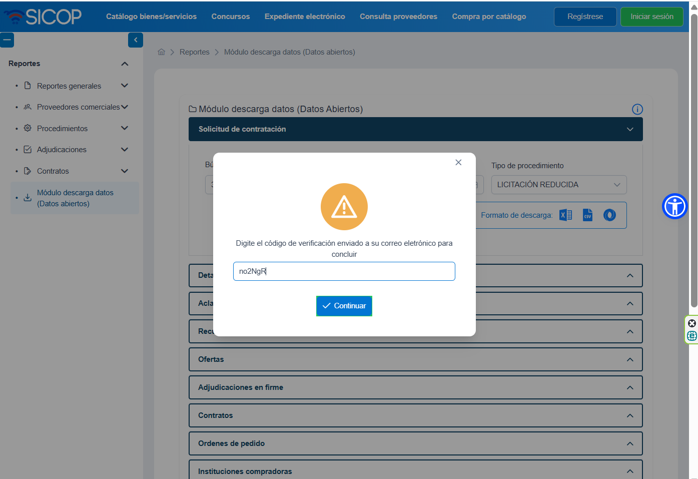 Formulario de ingreso de código de verificación.