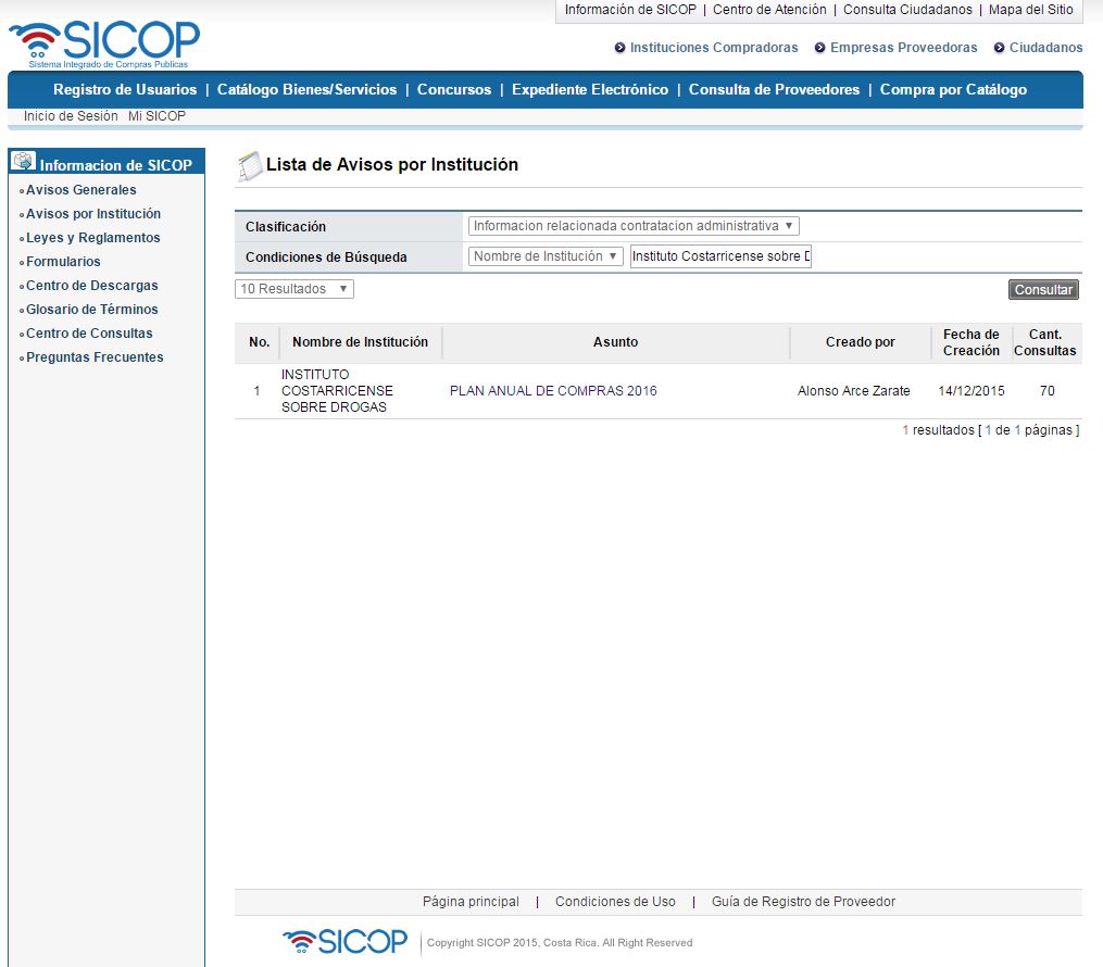 Pantalla que muestra el acceso al Plan Anual de Compras del ICD en SICOP